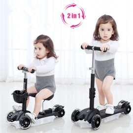 BM321 Folding 3 Flashing Wheels Kick Scooter Kickboard With T-Bar Seat Child Ride On Toy Adjustable Toddler Kids 1~6 Years Old Gifts